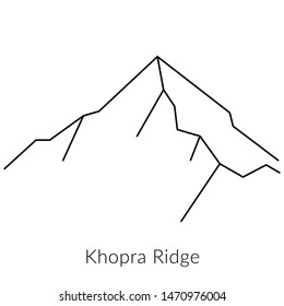 Vector isolated black outline silhouette of The Khopra Ridge peak on white background. The Khopra Danda trek, Nepal. Himalayas Mountains. Climbing, hiking. Illustration. - Vector