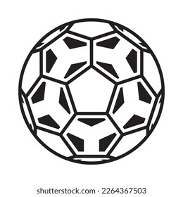 Vector isolated black outline soccer ball icon with triangles on white background. Football symbol.