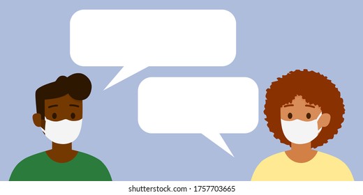 Vector isolated black people are having conversation, people are wearing a medical mask to protect themself from COVID-19, businessmen discuss social network, dialouge speech bubbles, illustration