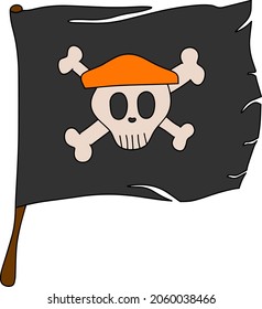 Vector isolated black pirate scary flag with skull illustration. Jolly rodger black flag with bones