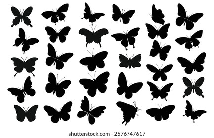 Vector, isolated, black silhouette of a butterfly, set