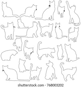 vector, isolated, black silhouette of cat outline, set
