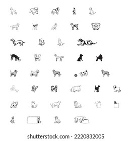 Vektor, einzeln schwarze Silhouette eines Hundes, Sammlung Set von Hunden Silhouette. Vektorgrafik Der große Vektorset Hunde züchtet Silhouetten und Symbole