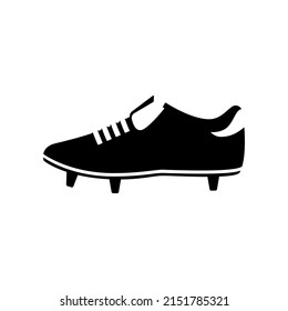 Vector isolated black silhouette icon of football boot with shoelace, tongue, three pins and heel on white background. Soccer symbol.