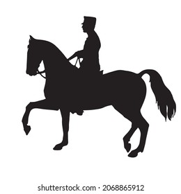 vector isolated black silhouette of a military rider on a prancing horse on a white background, vintage