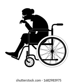 Vektorillustration einzeln schwarze Silhouette einer alten Frau im Rollstuhl, im Profil, einsame ältere Frau, kranke, schwache Großmutter