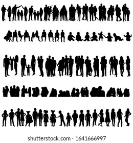 vector, isolated, black silhouette people, parents and children, set