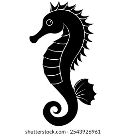 vector Isolated black silhouette of seahorse on white background. Side view. Silhouette of marine animal. Sea horse on white background.