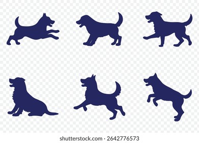 vector, isolated black silhouette set of a dog . dogs group standing or sitting of different breeds vector silhouette collection . 