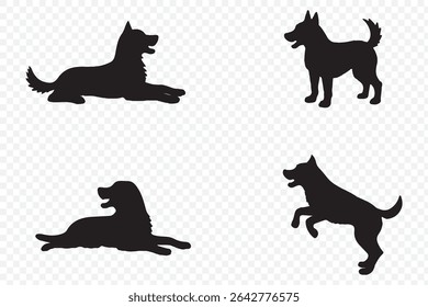 vector, isolated black silhouette set of a dog . dogs group standing or sitting of different breeds vector silhouette collection . 