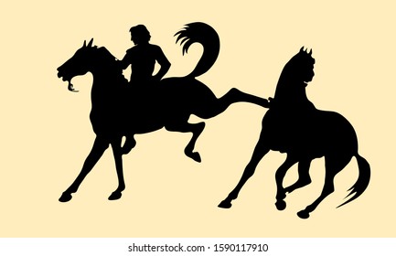 vector isolated black silhouettes of two galloping horses and a rider on beige background