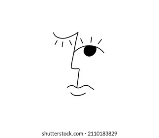 Vector isolated black and white abstract face open and closed eyes line drawing 