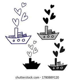Diseño aislado de vectores en blanco y negro de barco de línea y silueta con corazones