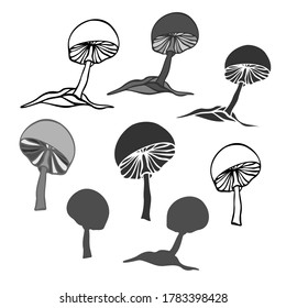 Vector isolated black and white design of abstract mushroom lined and silhouette