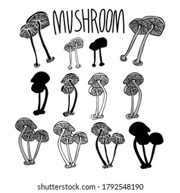 Vector isolated black and white design of abstract mushroom lined and silhouette