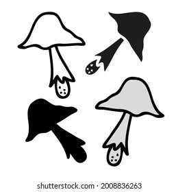 Vector isolated black and white design of abstract mushroom, lined and silhouette. Cute autumn design. The design is perfect for stickers, packaging, decorations, badges, logos