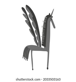 Vector isolated black and white design illustration of a cute decorative unicorn with wings. The design is perfect for icons, stickers, coloring, cards, badges, illustrations, stationery, decorations