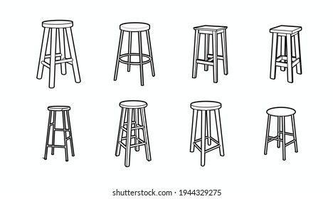 Vector isolated black and white different Bar Stools Set on a white background. Bar Furniture set