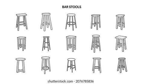 Vector isolated black and white different Bar Stools Set on a white background. Bar Furniture set