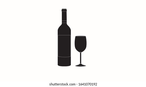 Vector Isolated Black and White Illustration of a Bottle of Wine and a Cup of Wine. Silhouette 
