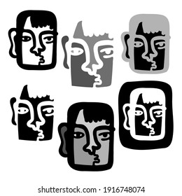 Vector isolated black and white illustration set of designs of lined abstract surreal face. The design is perfect for logos, stickers, stationary, coloring, badges