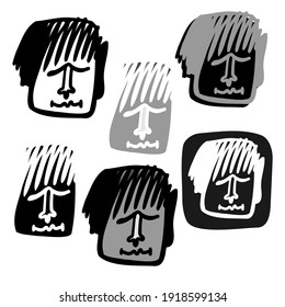 Vector isolated black and white illustration set of designs of lined abstract surreal face. The design is perfect for logos, stickers, stationary, coloring, badges