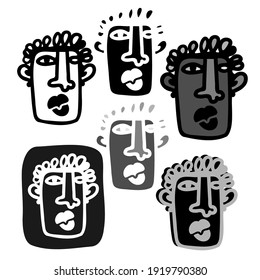 Vector isolated black and white illustration set of designs of lined abstract surreal face. The design is perfect for logos, stickers, stationary, coloring, badges