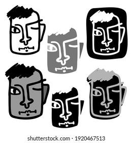 Vektorgrafik einzeln auf Schwarz-Weiß-Illustration von Designs von ausgekleidetem abstraktem Surreal-Gesicht. Das Design eignet sich perfekt für Logos, Aufkleber, stationäre Aufkleber, Farben, Abzeichen