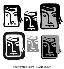 Vector isolated black and white illustration set of designs of lined abstract surreal face. The design is perfect for logos, stickers, stationary, coloring, badges