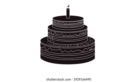 Vector Isolated Black and White Illustration of a Birthday Cake, with a Candle