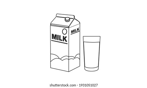 Vector Isolated Black and White Illustration of a Milk Box and a Glass of Milk