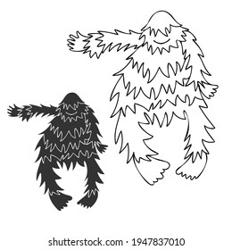 Diseño de ilustraciones negras y blancas aisladas de vectores de yeti bailando criptozoología. El diseño es perfecto para textiles, fondos, papel pintado, papel de envoltura