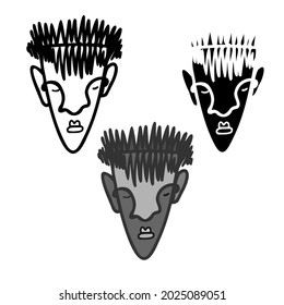 Vector isolated black and white illustration set of designs of lined abstract surreal boy face. The design is perfect for logos, stickers, stationary, coloring, badges