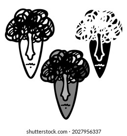 Vector isolated black and white illustration set of designs of lined abstract surreal boy face. The design is perfect for logos, stickers, stationary, coloring, badges