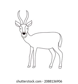 Vector isolated black and white illustration with cute antelope, deer, stag in flat simple style on white background. Children's coloring page, hand-drawn print. Cartoon funny animal. Doodle line.