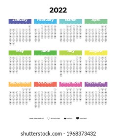 Vector isolated black and white and multicolored calendar for 2022 with wine glass. Drunk calendar with alcohol drinking tracker. Mark the days when and how much alcohol you drink and analyze.