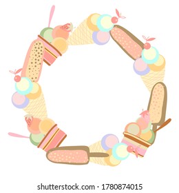Vector isolated black and white set decorative design with ice cream in cones, sundae and popsicles with strawberries. Perfect for stickers, illustrations, packaging, logos, textiles, decorations.