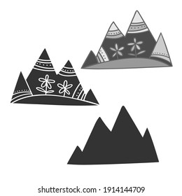 Vector aislado de diseño de ilustración de conjunto blanco y negro de montaña ornamental con flores. El diseño es perfecto para colorear libros, pegatinas, insignias, logotipos.