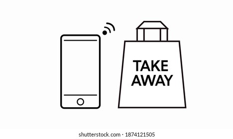 Vector Isolated Black and White Take Away Bag Icon with a Mobile Icon or Sign