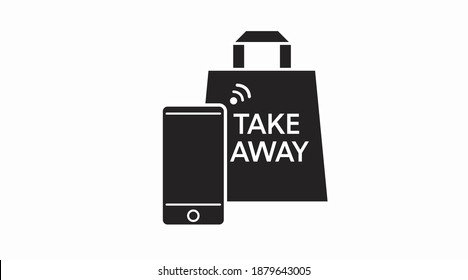 Vector Isolated Black And White Take Away Bag Icon With A Mobile Icon Or Sign