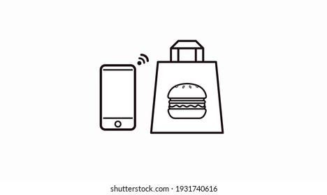 Vektor-Einzel-Schwarz-Weiß-Bag-Symbol mit einem Burger und einem mobilen Symbol oder Zeichen