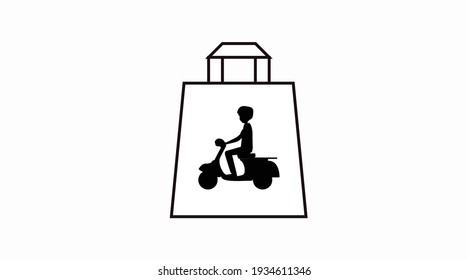 Vektor isoliert Schwarz-Weiß-Bag-Symbol oder unterzeichnen Sie mit einem Delivery-Motorrad-Guy