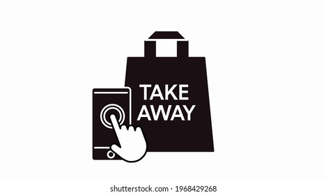 Vector Isolated Black and White Take Away Bag and Smartphone Icon or Sign