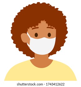 Vector isolated a black woman is wearing a medical mask to protect herself from COVID-19 with brown afro hair on white background, illustration