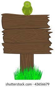Vector isolated blank wooden billboard and bird on it. Place for your text, publicity, news item