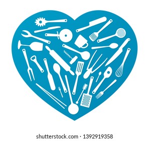 Vector isolated blue heart silhouette with white icon set kitchen utensils tools. Isolated on white background.