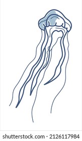 Vector isolated blue line jellyfish with one color fill.