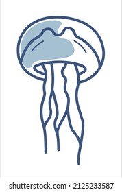 Vector isolated blue line little jellyfish with plain one color fill.