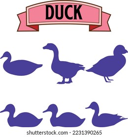 vector, isolated, blue silhouette set of geese and ducks