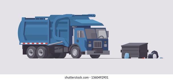 Vector Isolated Blue Utility Front Loader Garbage Truck With Garbage Container